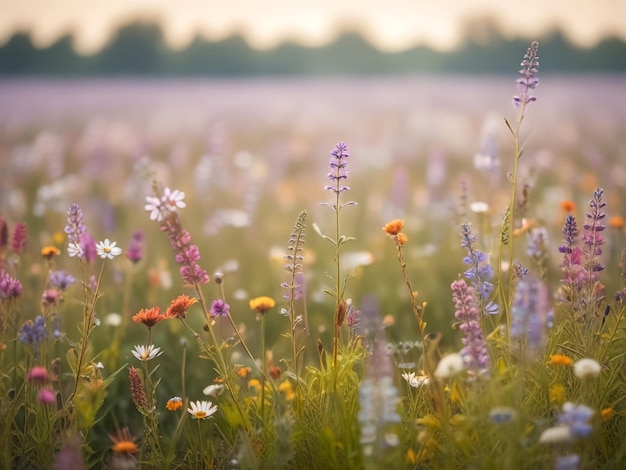 Foto prado de verano un hermoso campo de flores de primavera paisaje natural con flores silvestres en la puesta de sol