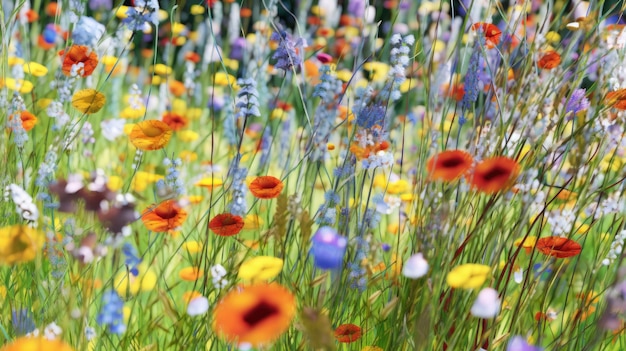 Prado de verano con hierba de flores en un campo