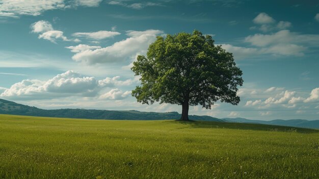 Prado verde con un árbol solitario