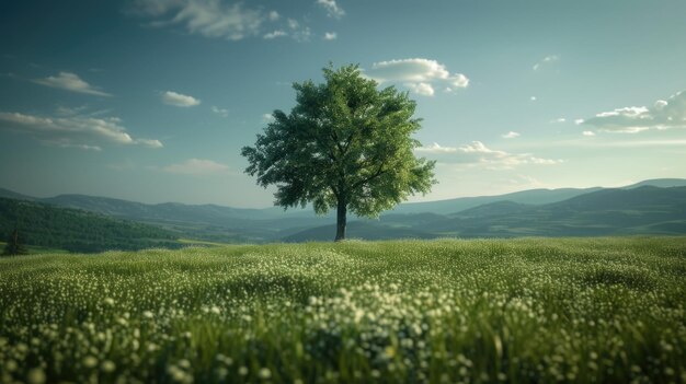 Prado verde con un árbol solitario