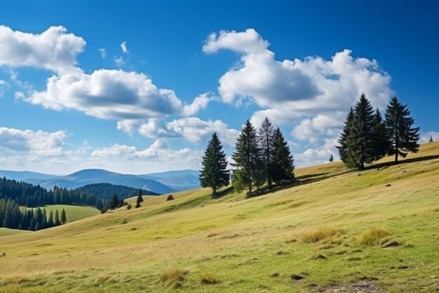 un prado verde con árboles y un cielo azul con nubes