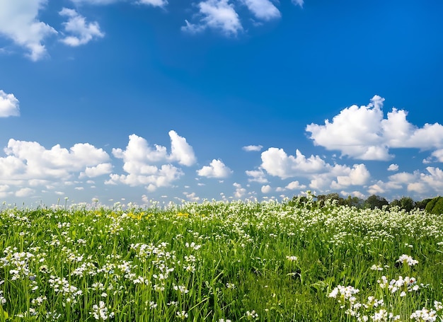 Prado verde com flores brancas e céu azul com nuvens brancas