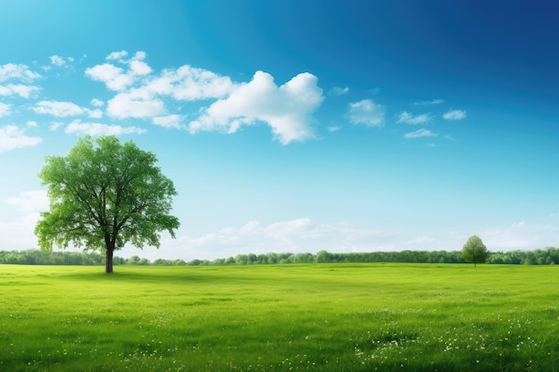 Prado verde e árvore em um fundo de céu azul com nuvens