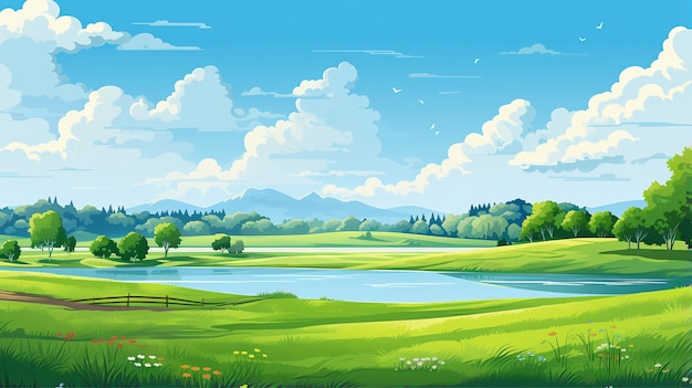 Prado verde e lago da paisagem do verão
