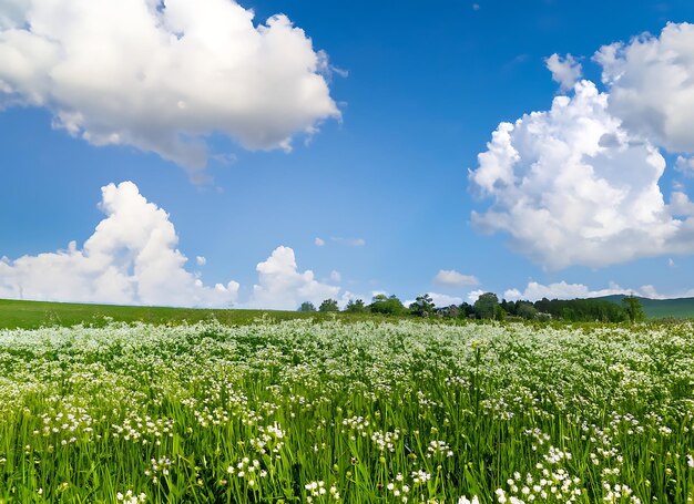 Prado verde con flores blancas y cielo azul con nubes blancas