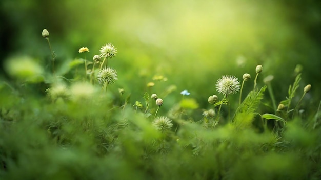 Prado verde con flores silvestres a la luz del sol Fondo de la naturaleza