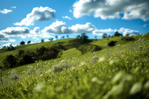 Foto prado verde en la ladera con cielo azul y nubes blancas