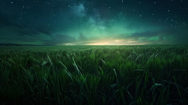 Prado verde bajo la luz del cielo nocturno