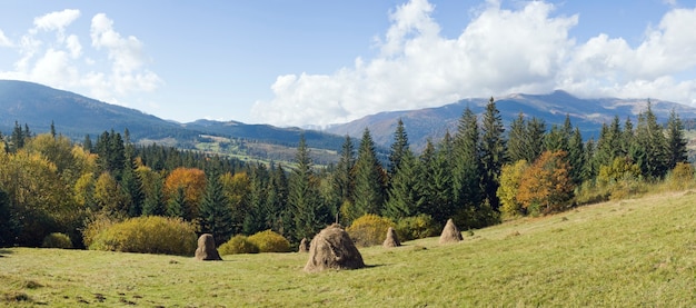 Prado verde montanhoso de outono com uma pilha de feno (arredores da vila de Jasynja, região de Zacarpatsjka, Mts dos Cárpatos, Ucrânia). Imagem composta de cinco tiros.