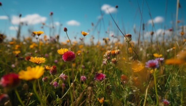 Un prado vibrante de flores silvestres multicolores bajo un cielo púrpura generado por IA