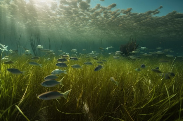 Prados de ervas marinhas tropicais com cardumes de peixes nadando entre as plantas criadas com IA generativa