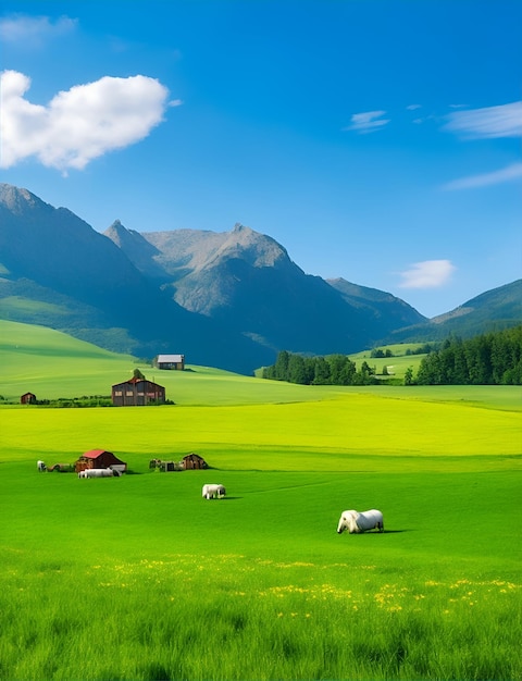 Prados e fazendas com montanhas e céu