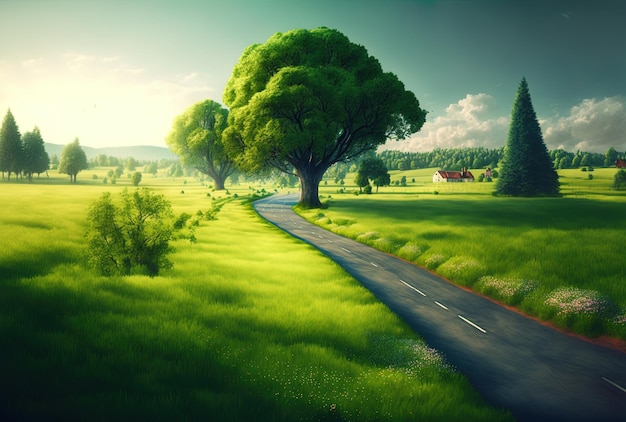 Los prados herbosos y los árboles verdes rodean un camino