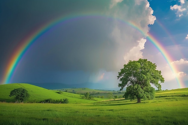 Prados verdes y exuberantes bajo un arco iris