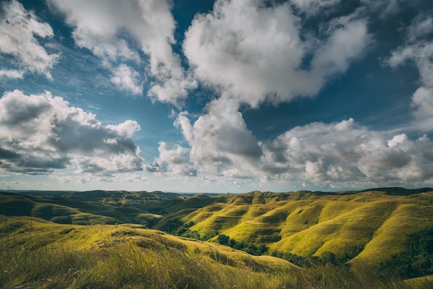 Prados verdes sobre fondo de cielo nublado. Sumba