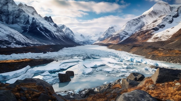 Prächtige Gletscherlandschaft mit eisblauen Gletschern, schneebedeckten Gipfeln, KI-generiert