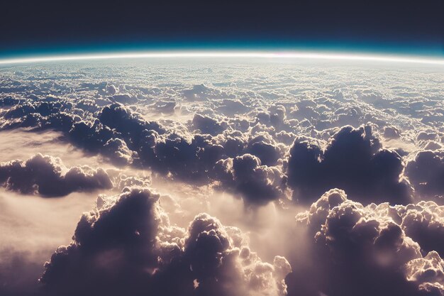 Prächtige Wolkenlandschaft über der Erdatmosphäre mit Sternenhimmel am Horizont