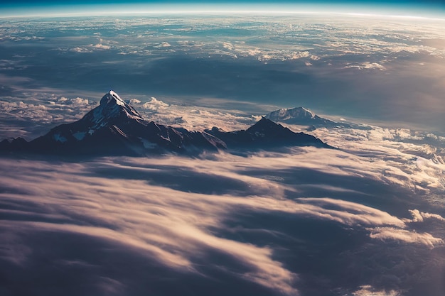 Prächtige Wolkenlandschaft über der Erdatmosphäre mit Sternenhimmel am Horizont