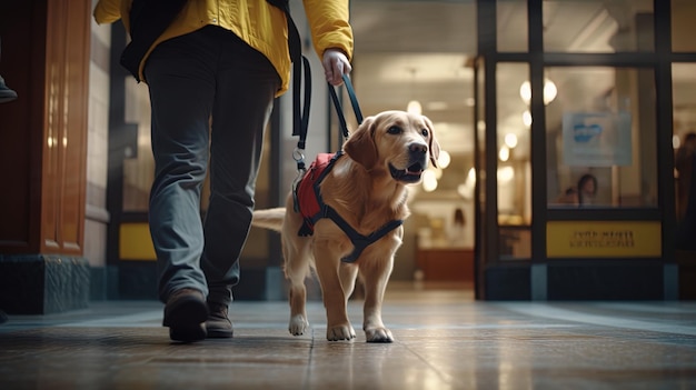 prächtiger Rahmen des einzigartigen Moments, in dem der Führungshund seinen Besitzer durch die Passage führt