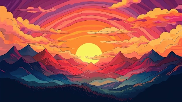 Prächtiger Sonnenaufgang über den Bergen Fantasie-Konzept Illustrationsgemälde