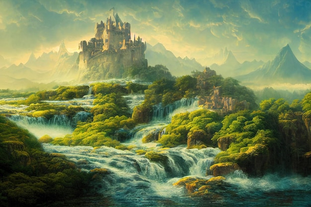 Prächtiges Schloss in digitaler Kunst 3D-Illustration des Fantasy-Schlosses am Wasserfall