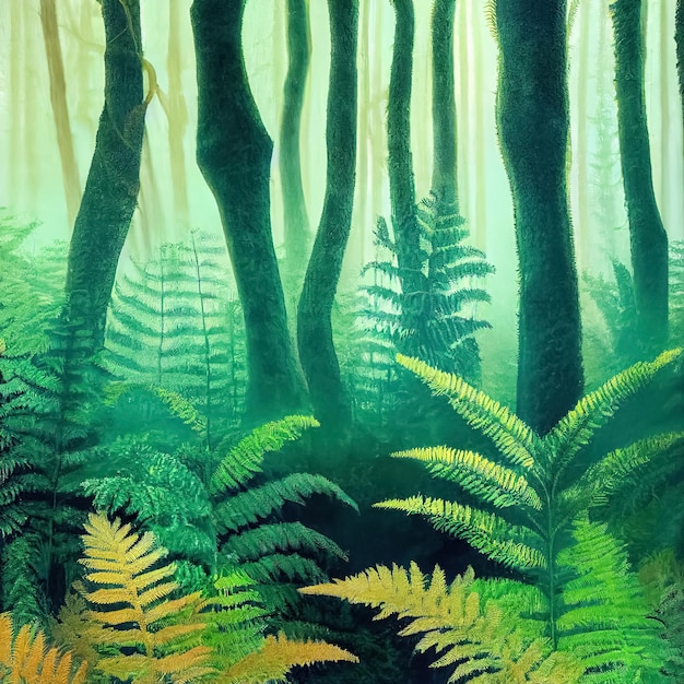 Prähistorische vorsintflutliche Waldlandschaft mit primitiven Bäumen und Farnen Digitale 3D-Illustration