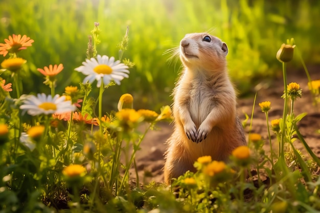 Präriehund in der Tierwelt Niedlicher Präriehund auf einem Sommerfeld mit Blumen