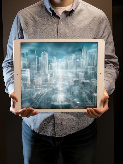 Präsentation des futuristischen Stadtkonzepts auf einem digitalen Tablet