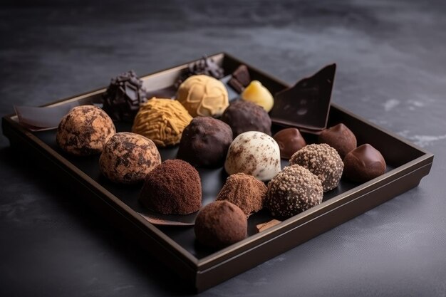 Präsentation verschiedener Schokoladentrüffel auf einem Tablett, bereit zum Servieren