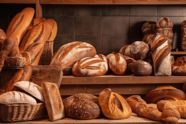 Präsentation von frisch gebackenem Brot in verschiedenen Formen, Farben und Texturen, erstellt mit generativer KI