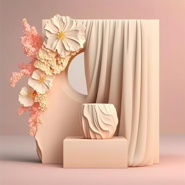 Präsentation von Schönheitsprodukten Beigefarbene Steinvase mit rosafarbener Blume und Kopierraum für Sommer und Frühling Generative KI
