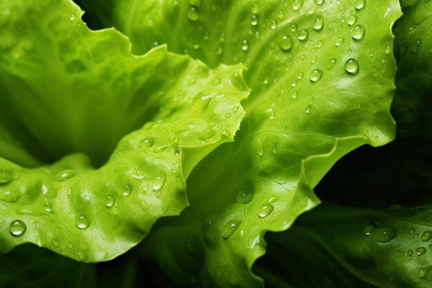 Präsentiert wird eine hochauflösende Makroansicht von taufrischen grünen Salatblättern