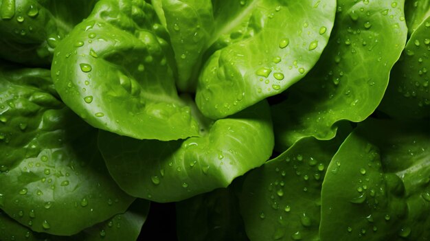 Präsentiert wird eine ultraklare Nahaufnahme von wassergetränktem, grünem Salatblatt