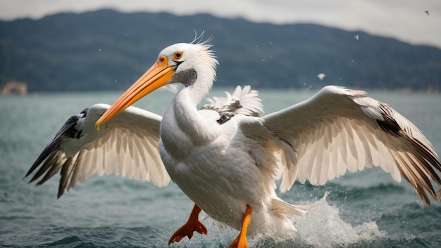 Foto präzision der natur der anmutige fang des krauskopfpelikans