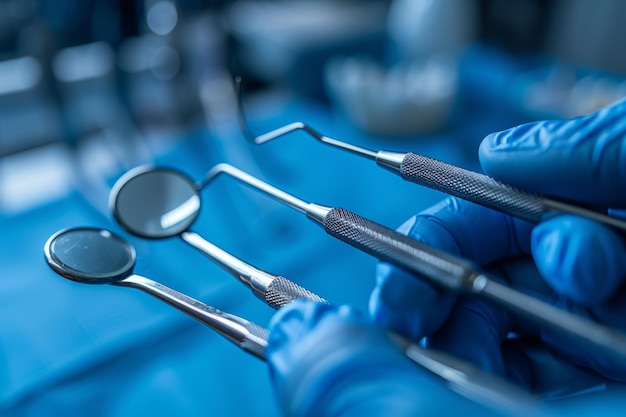 Präzisions-Zahninstrumenten in blauen Handschuhen konzentrieren sich auf Zahngesundheit und -hygiene.