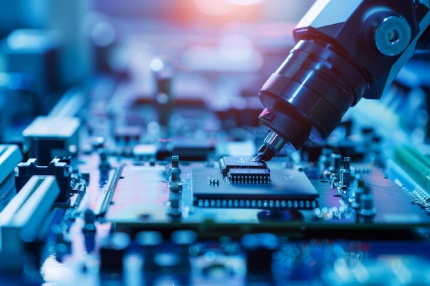Präzisionsroboterarm installiert einen Chip auf einem Motherboard für die Herstellung fortschrittlicher Elektronik