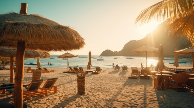 Praia à beira-mar em uma bela baía cercada por rochas com espreguiçadeiras e guarda-sóis ao pôr do sol grande angular