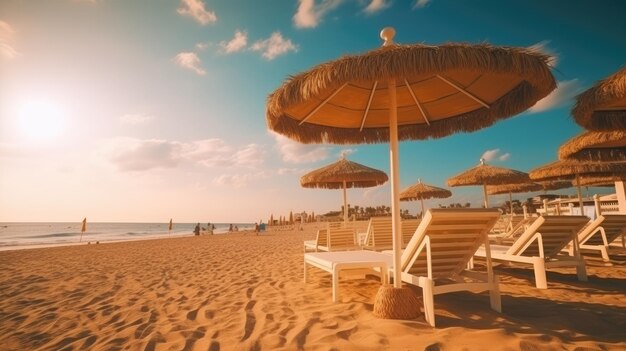 Praia à beira-mar em uma bela baía cercada por rochas com espreguiçadeiras e guarda-sóis ao pôr do sol grande angular