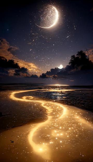 Praia à noite com a lua no céu generativa ai