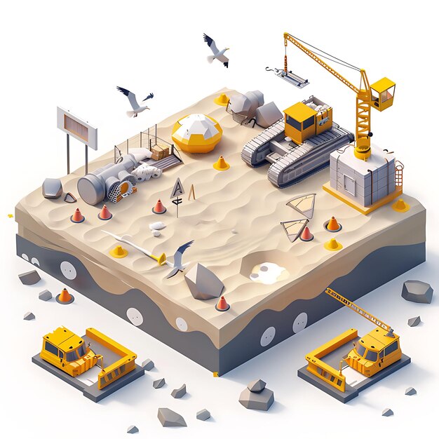 Foto praia abandonada com atividades de construção e constr isometric 3d art simple landscape idea