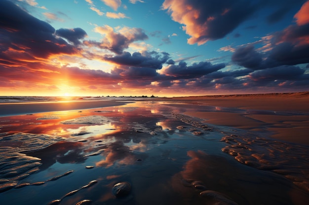 Praia ao pôr do sol com céu e nuvens espelhadas na areia molhada IA generativa