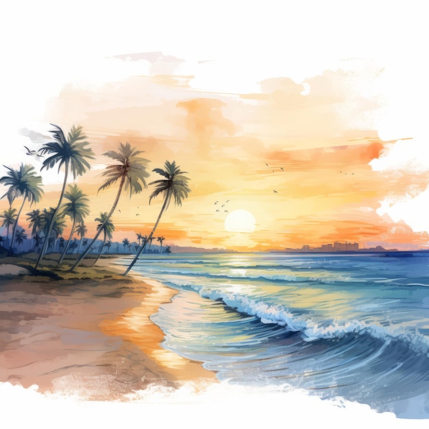 Praia aquarela com palmeiras ao pôr do sol ilustração vetorial