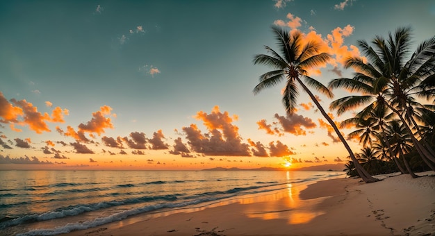 Praia azul com água turquesa de areia branca e bandeira do pôr do sol de palmeirasIA geradora