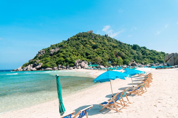 Praia branca e cadeiras à beira-mar relaxam no verão