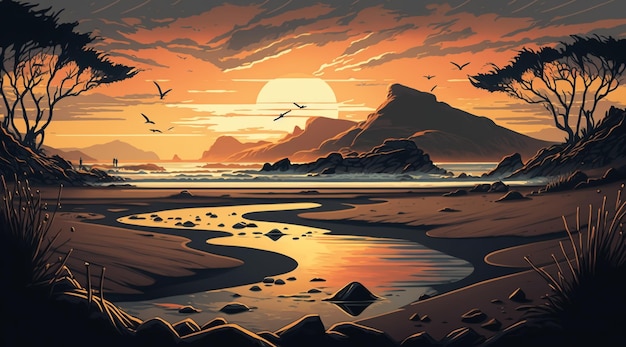 Praia calma com céu do nascer e pôr do sol com rochas no horizonte Fundo romântico