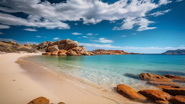 praia céu nublado mar calmo grandes rochas areia laranja água clara