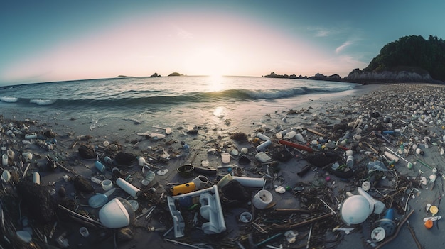 Praia cheia de lixo e banner de resíduos plásticos para conceitos ambientais e de reciclagem