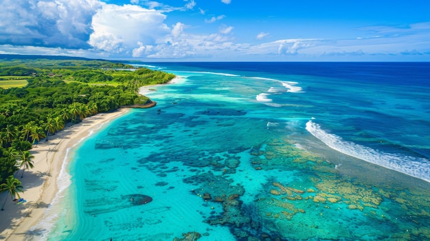 Praia com linda costa Vista aérea de um paraíso tropical com águas turquesa palmeiras verdes