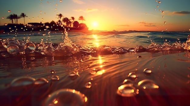 Praia com ondas e coqueiros ao pôr do sol