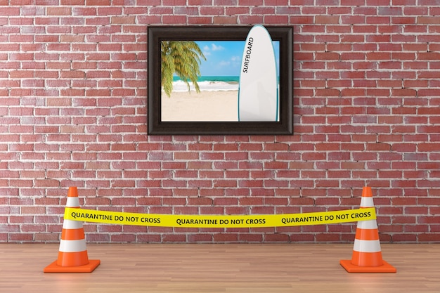 Praia com palma e prancha de surf Quadro de imagem de cartaz, fita amarela de quarentena não cruze a linha de polícia com cones de estrada no Museu em um fundo de parede de tijolo vermelho. Renderização 3D